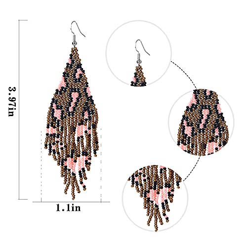 Long Beaded Tassel Earrings - Bohemia Colorful Bead Handmade Beaded Tassel Earrings，Gifts and Christmas - color: Brown leopard