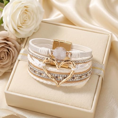 Long tiantian Leather Bracelets for Women Warp Bracelet Stackable Boho Layered Bracelet Chunky Heart Trendy Birthday Gifts for Her - color: A7:Bracelet for Women(White)