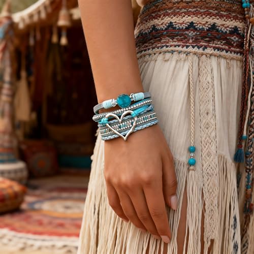 Long tiantian Leather Bracelets for Women Warp Bracelet Stackable Boho Layered Bracelet Chunky Heart Trendy Birthday Gifts for Her - color: B18:bracelet for woman