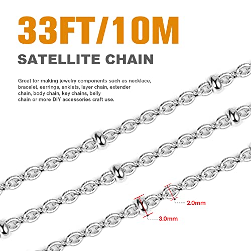 33 Feet Stainless Steel Satellite Chain Bulk, 2mm 304 Stainless Steel Chain Flat Cable Link Beaded Satellite Chains Bulk for Jewelry Making DIY Craft - color: Stainless Steel Small Beads Satellite Cable Chain