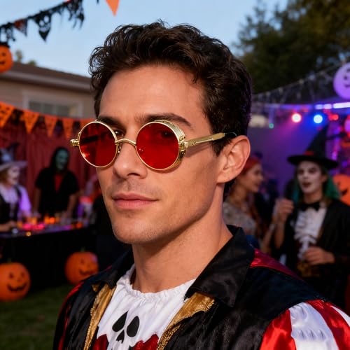 FEISEDY Retro Gothic Steampunk Sunglasses Round Metal Frame Punk Circle Inspired Shade Men B1857 - color: Gold/Red
