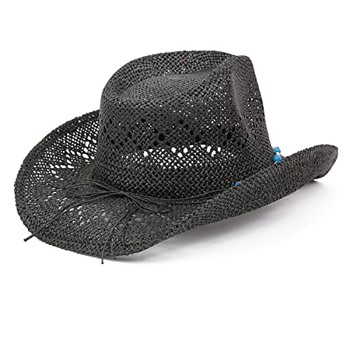 TOVOSO Western Cowgirl Hat, Straw Cowboy Hat for Women with Shapeable Brim, Beaded Hearts Trim, Shapeable Cowboy Hat - color: Black With Blue Trim