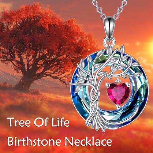 POPLYKE Mothers Day Gifts for Mom Her Wife Tree of Life Necklace 925 Sterling Silver Birthstone Pendant with Crystal Anniversary Birthday Wedding Jewelry for Women - color: 07-Jul-Ruby, style: White Gold Plated-Blue Crystal