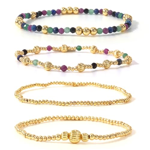 Dainty 14K Gold Lantern Beaded Bracelets Stack for Women,4PCS Colorful Glass Beads Stretch Stackable Bracelets Set Fashion Prom Jewelry Gift Friendship - color: Colorful