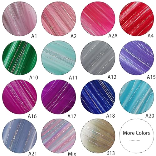 12pcs Clip in Pink Hair Extensions, 22 Inch Rainbow Hair with Silver Tinsels, Holiday Party Highlights - color: Pink