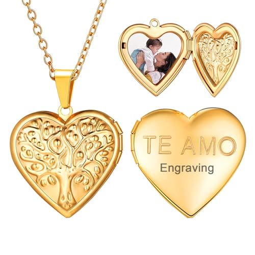 U7 Women Locket Necklace Platinum 14K Gold Photo Lockets that Hold Picture,Chain 20 Inch Personalized Gift Custom Love Heart Image Necklaces - color: 04# Gold(Tree of Life)