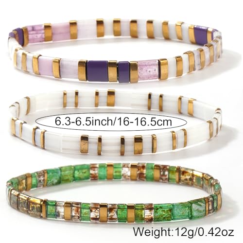 Tila Flat Square Stack Beaded Bracelets Set for Women Men, Boho 3Pcs Romantic Handmade Healing Gold Colorful Stretch Accessories Jewelry, Daily Vacation Party Holiday Friendship Gift - color: Purple White Green