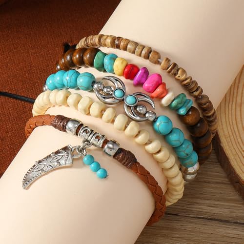 Western Turquoise Beaded Bracelet Stack - Vintage Cowgirl Stretch Set with Bull Skull, Feather & Boot Charms, Handmade Boho Jewelry for Rodeo, Country Concerts & Casual Western Outfits - style: 5