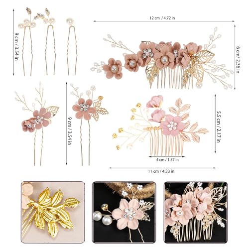 Floral Hair Comb Set for Women - 10PCS Bridesmaid Hair Accessories with Pink Flower Hairs Pins, Victorian Hair Clips for Wedding, Prom, Mother of Bride, Flower Girl (Rose Gold, Fake Flowers) - color: Pink