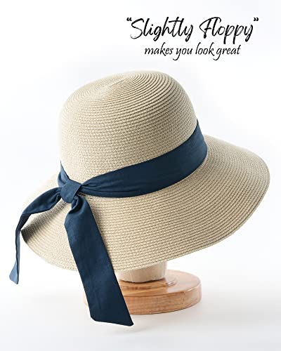 FURTALK Womens Beach Sun Straw Hat UV Protection Travel Packable Foldable Brim Summer UV Hat - color: Beige-sky Blue, size: Medium-Large