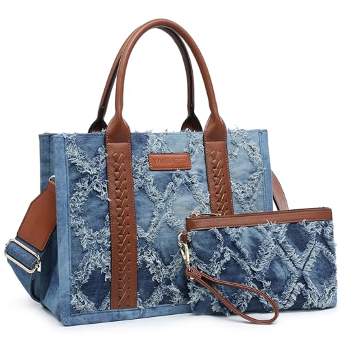 Denim Tote Bag for Women Top Handle Satchel Purse Boho Shoulder Handbags with Wristlet - color: Blue