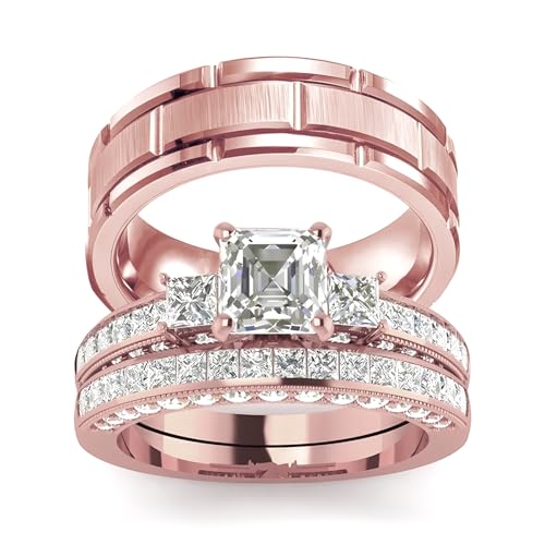 3Pcs Moissanite Wedding Rings Sets for Couples, s925 10K 14K 18K Real Gold Wedding Rings Sets for Him and Her, Customized Matching Engagement Bands Set for Men and Women Free Engraving - style: Style-6