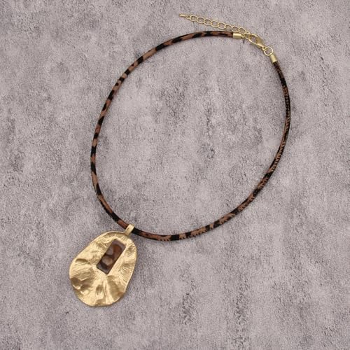 GelConnie Leather Necklaces Turquoise Long Boho Necklaces for Women Brown Chunky Circle Pendant Chocker Necklace Gold Sweater Necklace - style: Brown Leopard Print Necklace