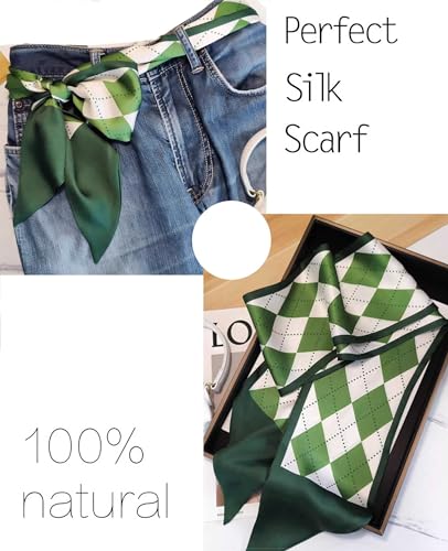 kcctoo 59" Mulberry Silk Like Head Scarf Women's Fashion Square Neck Satin Scarfs for Bag Hair Scarves Gift 59 * 5.9” - color: I01 Green Squares 59" X 5.9"