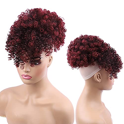 Drawstring Ponytail with Bangs - Afro Puff Extensions for Women - Short Curly Clip in Wrap Updo Hairpiece (TBUG) - color: TBUG