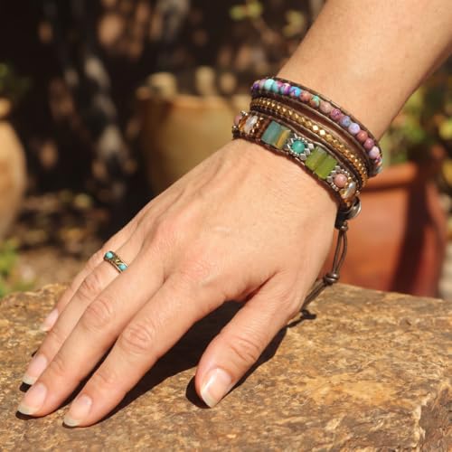 YGLINE Boho Handmade Wrap Leather Tube Crystal Stone Bracelet for Women - color: 3 wrap-mix stone
