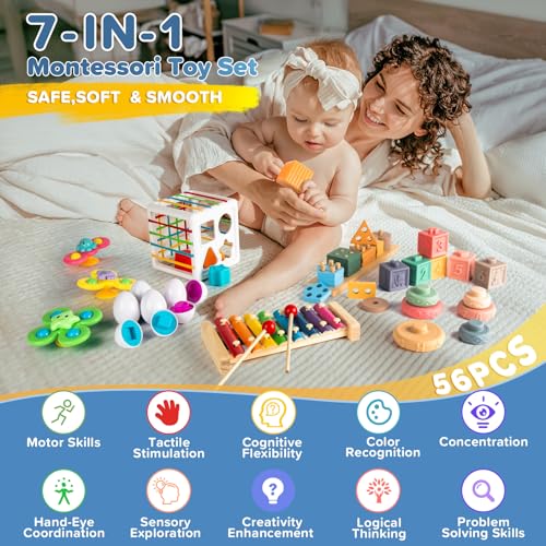Somastung 7‑in‑1 Montessori Baby Toys for 6‑12 Months & 1+ Years, Infant Sensory Teething & Stacking Blocks | Wooden Shape Sorter, Xylophone Musical Toy, Birthday Gift for Toddlers 1‑3 - size: 7 in 1