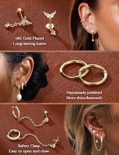 LOLIAS Hypoallergenic Flat Back Earrings Set for Women-Surgical Stainless Steel Earrings for Sensitive Ears-14K Gold Plated Chain Cartilage Earring Stacks Flatback Stud Hoop Earring Sets for Multiple Piercing Jewelry - color: Gold