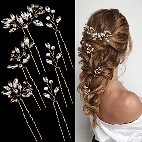 6 Pieces Bride Hair Pins Rhinestones Gold Hair Accessories for Women Crystal Wedding Hair Piece for Bride Women Girls Bridesmaids (Gold) - color: Gold