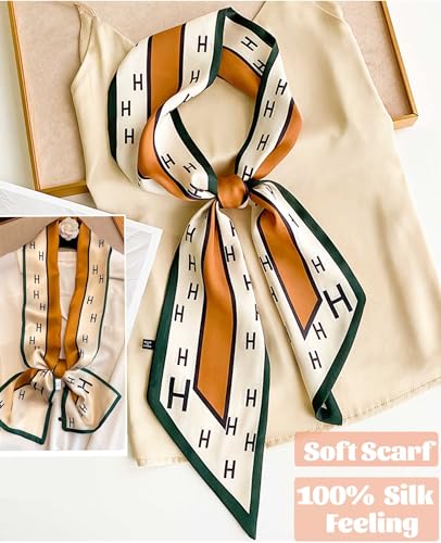 kcctoo 59” Long Silk Like Head Scarf Women's Fashion Square Neck Satin Scarfs for Bag Hair Scarves Gift 59 * 5.9” - color: M1 Green Vertical Bar H 59" X 5.9"