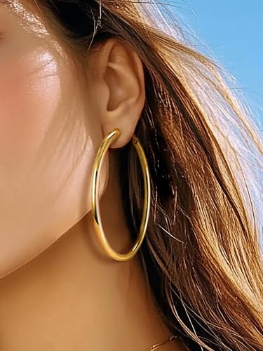 Stainless Steel Chunky Hoop Earrings For Women, Minimalist and Chic, Black/Gold Plated, Round Hoops Earrings Hypoallergenic, Size: 30mm/40mm/60mm/80mm, Come with Box - color: 1. Gold, size: 80MM