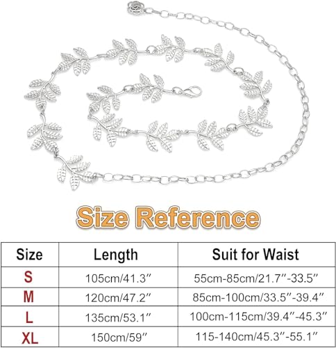 Metal Waist Chain Body Belly Belt Chains Jewelry Accessories for Women - color: Leaf Silver, size: S: 41.3 in