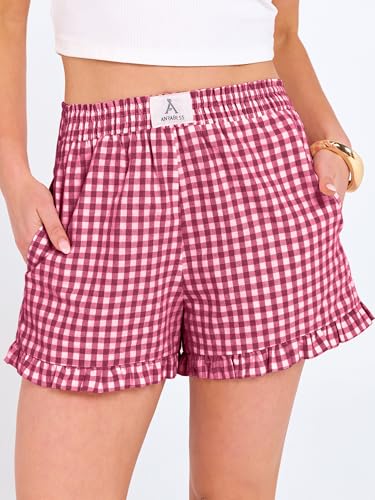 ANRABESS Boxer Shorts for Women,Gingham Plaid Elastic Waist Ruffle,Perfect for Lounge,Pajama&Sleep,Cute Casual Summer Bottoms - color: Red White Plaid, size: XX-Large