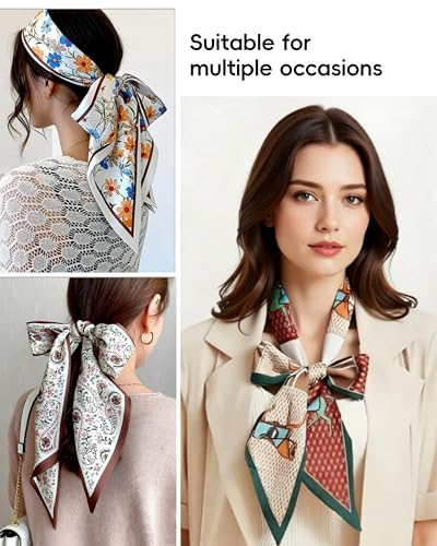 Raylarnia 3 Pack Satin Purse Bag Scarf for Women 59”Long Silky Scarves for Neck,Hair,Head,Handbag,Fashion Gift Set - color: Blue/Off-white (Paisley/Diamond Pattern)