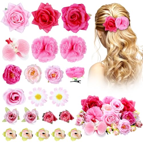 BBTO 21 Pcs Flower Hair Clip Rose Hair Clips Barrettes for Women Flower Accessories Boho Bride Claw Clip Hairpin Brooch Pin Headpiece for Wedding (Pink Series) - color: Pink Series