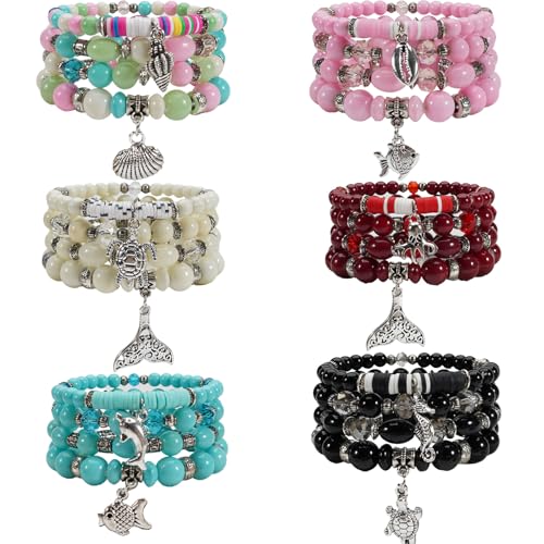 Bohemian Bracelet Sets for Women - 4-Pack Stackable Stretch Bead Bracelets with Black＆White Crystal & Gold Accessories, Multi-Layer Boho Jewelry - color: mix