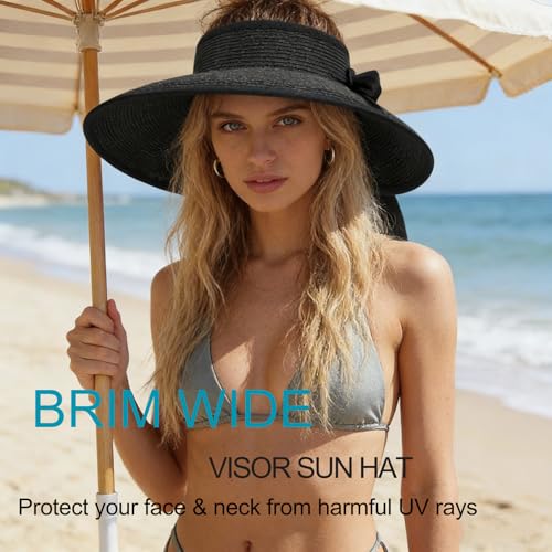 Women's Sun Visor Hats Wide Brim Beach Hat Straw Ponytail Visor Packable Foldable UPF 50+ Floppy Travel Hats - color: Black01