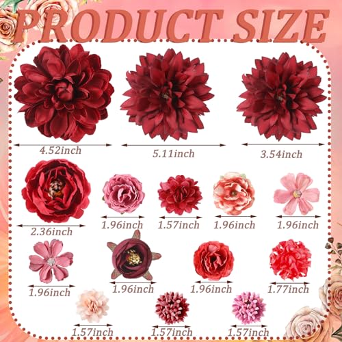 BBTO 21 Pcs Flower Hair Clip Rose Hair Clips Barrettes for Women Flower Accessories Boho Bride Claw Clip Hairpin Brooch Pin Headpiece for Wedding (Red Series) - color: Red Series