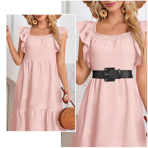 JASGOOD Women Wide Woven Belt for Dresses Rattan Waist Belt Braided Boho Belt with Square Buckle - color: Black, size: Fit Waist Size 23-27inch