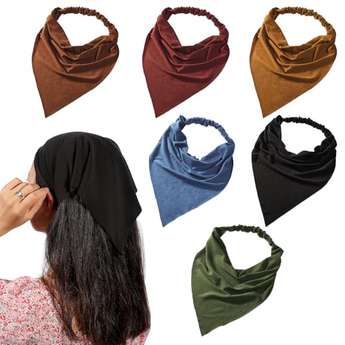Vercret 6 Pack Hair Scarf Headband for Women Elastic Bandana Head Scarf Large Boho Triangle Kerchief with Clips Non Slip Scarves - color: Q Dark Colors