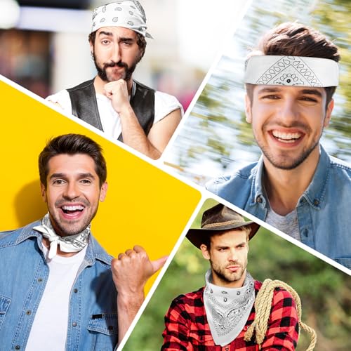PLULON Bandanas for Men Women 4/12/24/30 Pack, Paisley Pattern Bandana Bulk Headbands Handkerchief Face Mask 100% Polyester - color: White