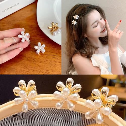 Gold Small Flower Hair Clips for Women, Cute Mini Tiny Little Sparkling Metal Flower Sweet Artificial Bangs Nonslip Hair Claw Clips Decorative (White) - color: White