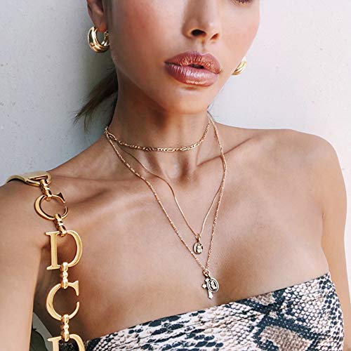 6PCS Layered Gold Necklaces for Women Trendy, 18K Gold Plated Cross Pendant Necklace Set, Vintage Chunky Gold Necklace Stack for Women Jewelry Gifts - style: Layered Cross Necklace A