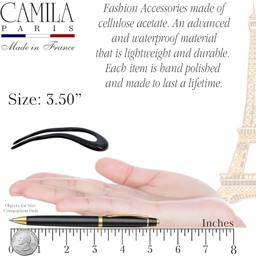 Camila Paris CP2670 French Twist Stick Clip Pins, Black, Wavy Hair Pin U-Shaped Hair Fork for Girls Spiral Updo Chignon Bun Holder, Fashion Flexible Styling Hair Accessories for Women, Made in France - color: 2-Prong Black