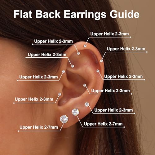 Flat Back Stud Earrings for Women - Hypoallergenic Surgical Steel Earrings with CZ Stones - 6 Pairs (18-20G) - color: 18K Gold-Plated, size: 18 G