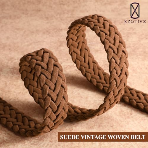 XZQTIVE Women’s Braided Suede Belt – Adjustable Woven Waist Belt with Gold Buckle for Dresses, Jeans & Casual Outfits - color: Brown, size: Medium: fits waist from 33"-37"