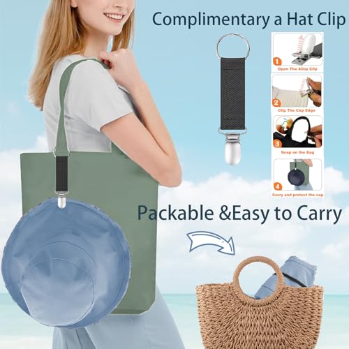 vidsel Womens Sun Hats Wide Brim Reversible Bucket Cotton Hat Packable Summer Travel Cap with Hat Clip,UV Protection - color: Blue, size: Medium
