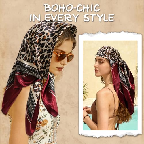 Large Square Head Scarf Bandana - 35" Satin Hair Scarf for Women Like Silk Scarf Fashion Hair Wrapping - color: Leopard(red), size: 35IN*35IN