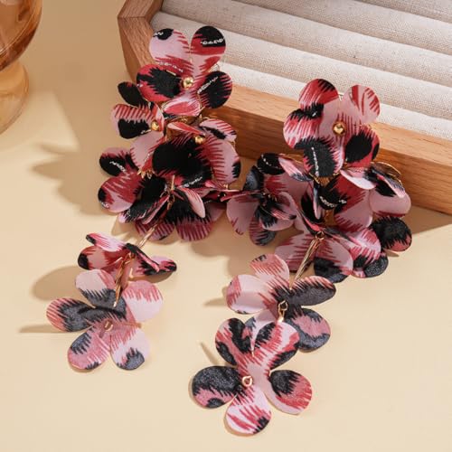 Boho Leopard Print Floral Earring Long Multi Layered Tassel Flower Earrings Fabric Flower Statement Earring Fashion Jewelry Accessories for Women - color: Pink