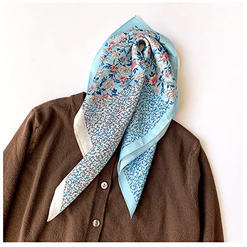 Aufeel Women's 100% Pure Mulberry Silk Small Square Scarf - Neckerchief Women - Silk Headscarf - 21" x 21" - color: Blue + White Floral
