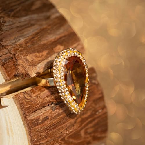 HZMAN Crystal Ring for Women Retro Antique Rhinestone Ring Cubic Zirconia Gold Plated Turkish Ring Jewelry Gift - color: Amber-Teardrop