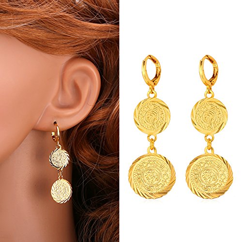 U7 Allah Necklace for Women/Men, 18K Gold Plated Square/Oval/Coin/Heart/Crescent Moon Islamic Pendant Necklace Muslim Jewelry with Chain - color: 09.Ancient Coin Earrings
