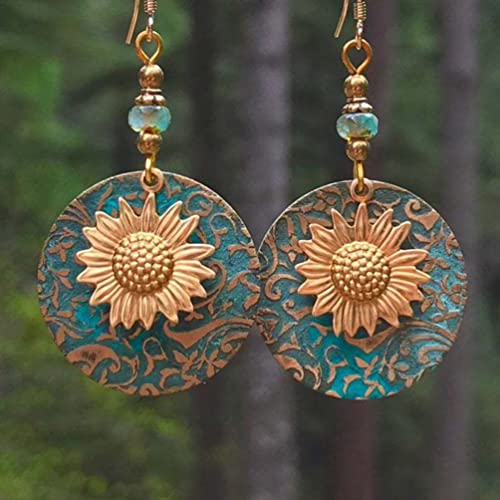 Boho Teardrop Earrings, Handmade Copper Bohemian Earrings, Dangle Antique Ethnic Jewelry for Women - color: Sunflower