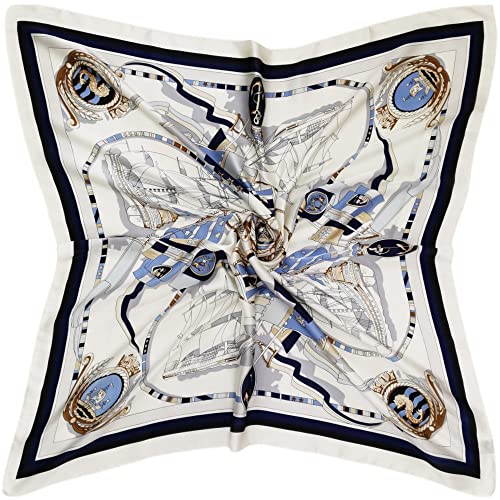 Julunar Silk Like Head Scarf for Women - Satin Large Hair Scarves - 35" Square Silk Hair Wrap for Sleeping with Gift Packed - color: A004-1 Pirate Ship White
