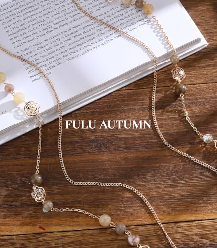 FULU AUTUMN Boho Gold Long Necklaces for Women Natural Stone Beaded Layered Long Necklace Mothers Day Gifts Dainty Flower Costume Jewelry for Women - color: Camel