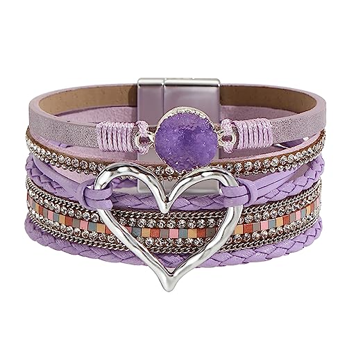 Womens Multi Layer Heart Leather Wrap Bracelet Boho Stackable Cuff Bangle Magnetic Clasp Crystal Birthday Valentine Gift - color: Purple